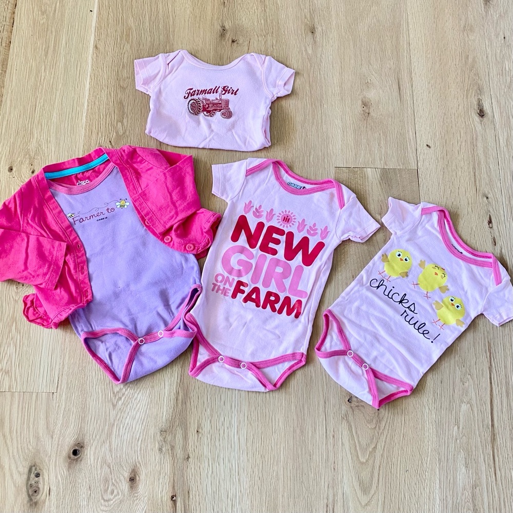 Farmall/Case IH🚜 Farm Girl bundle set of 4 Onesies w/ Hot Pink Cardigan💕